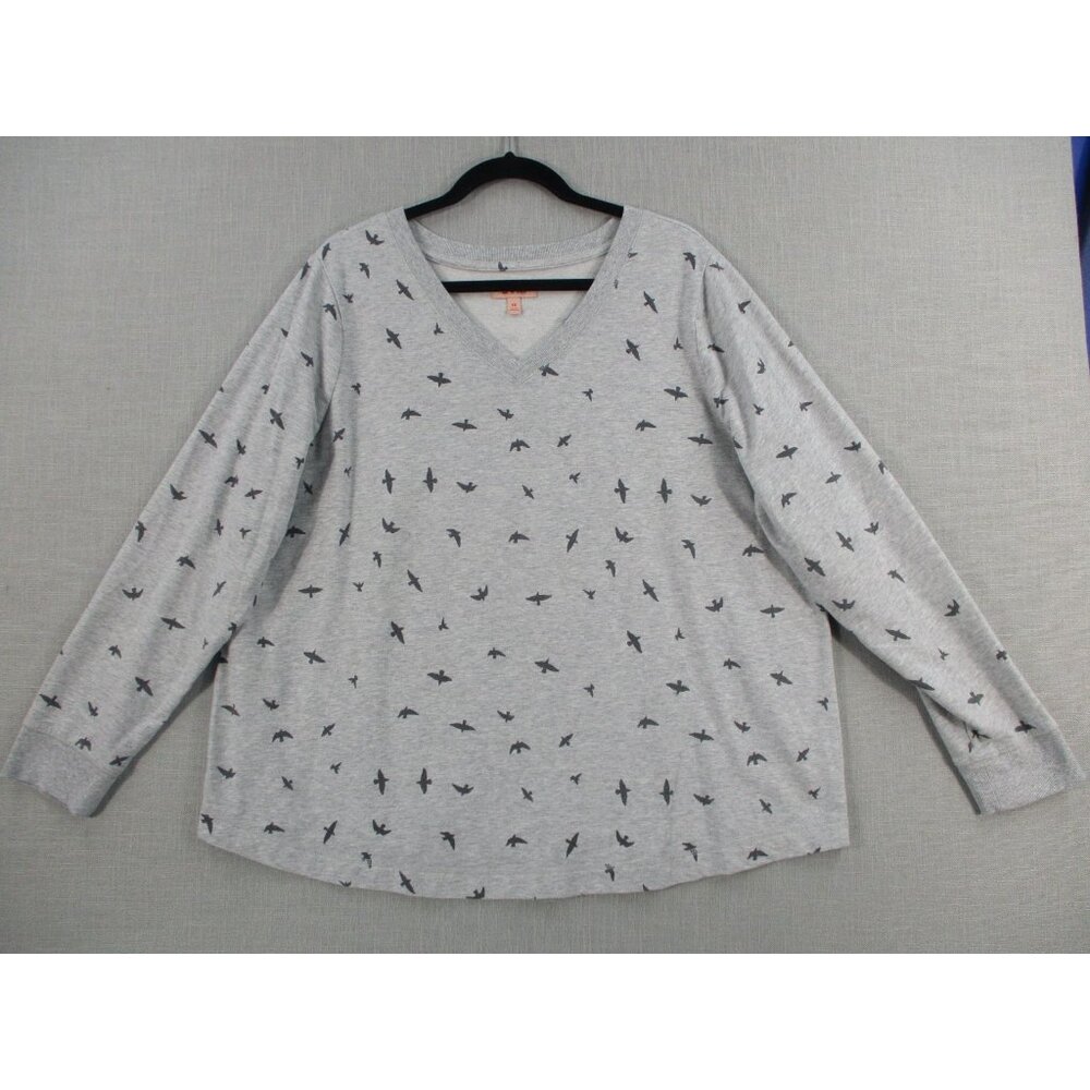 Evri Womens Gray Long Sleeve V-Neck Top‎ With Black Bird Print 1X